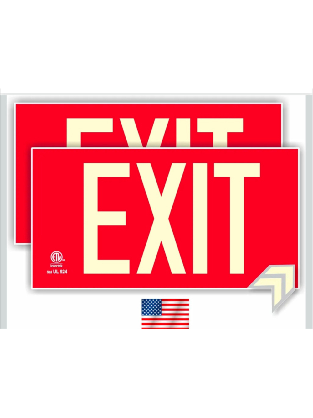 UL 924 Photoluminescent Exit Sign, Red, Pack of 2, Aluminum